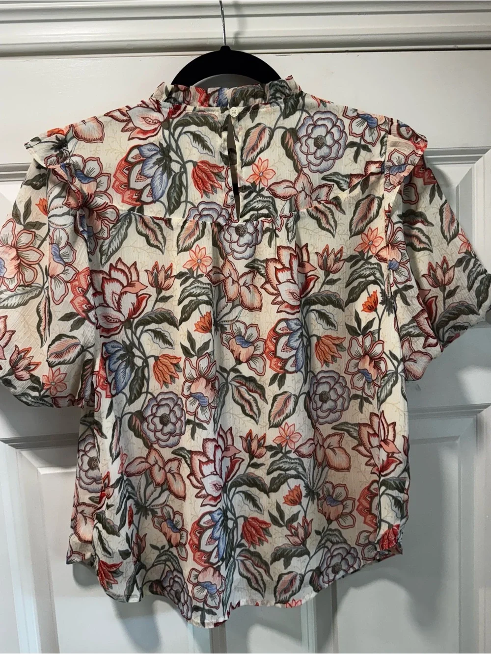LOFT Floral Puff-Sleeve Ruffle Neck Blouse - White with Coral & Green